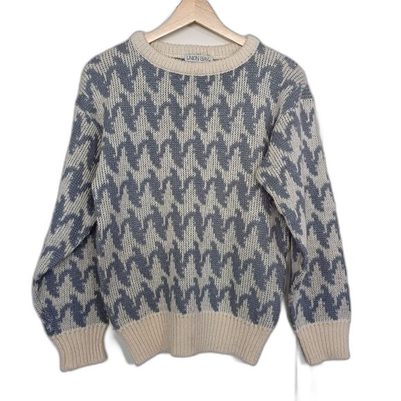 Vintage 1980s Union Bay Ocean Wave Print Sweater Women's S Ivory Slate Blue - Picture 1 of 9